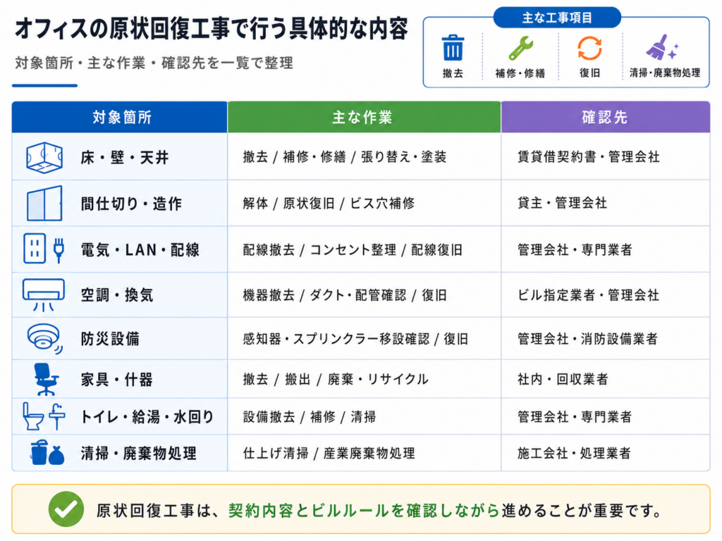 対象箇所・主な作業・確認先の一覧表