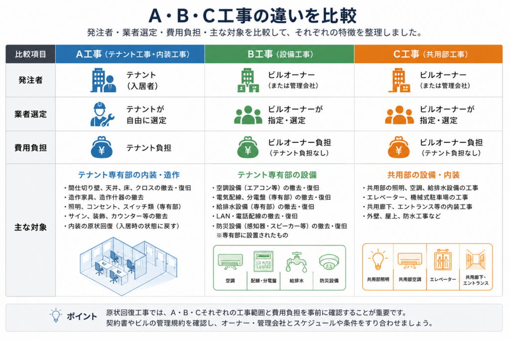 目的：A・B・C工事の違いを整理する
構成：発注者・業者選定・費用負担・主な対象の比較表