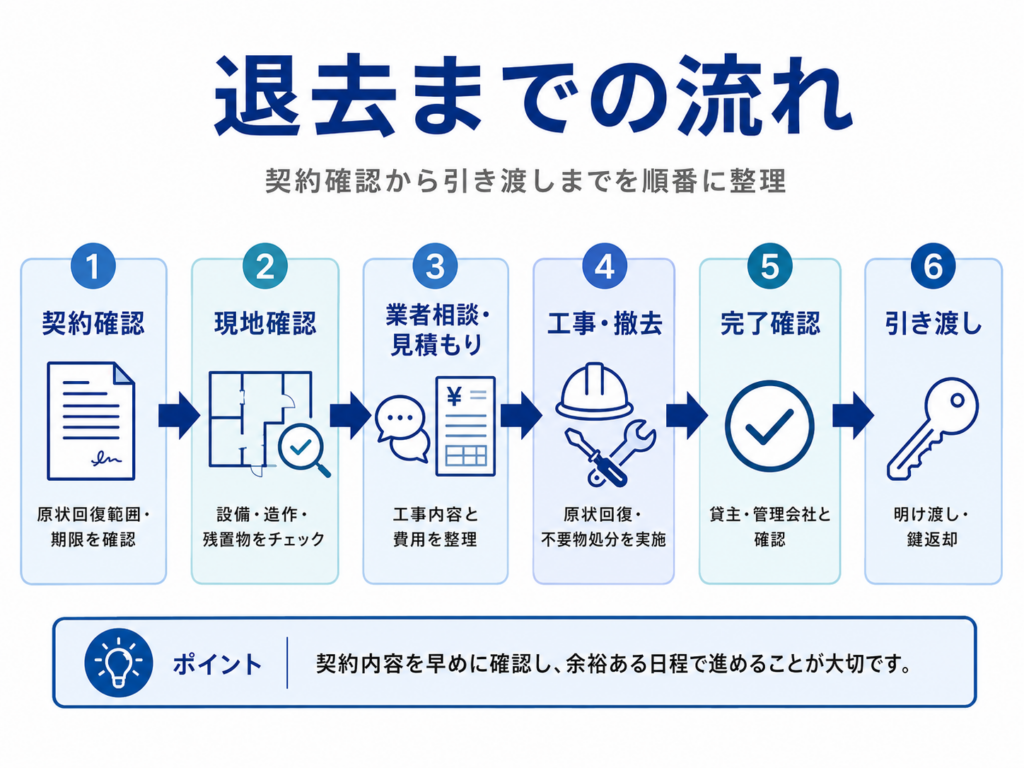 目的：退去までの順序を示す 構成：契約確認から引き渡しまでのフローチャート