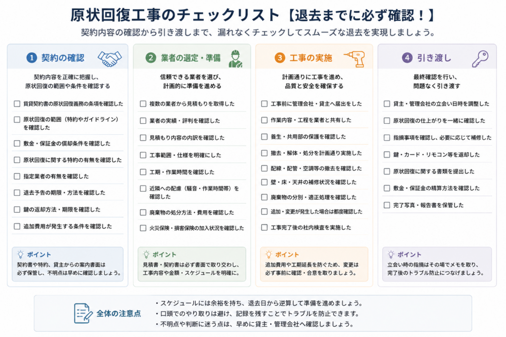 目的：確認漏れを防ぐ
構成：契約・業者・工事・引き渡しのチェックリスト