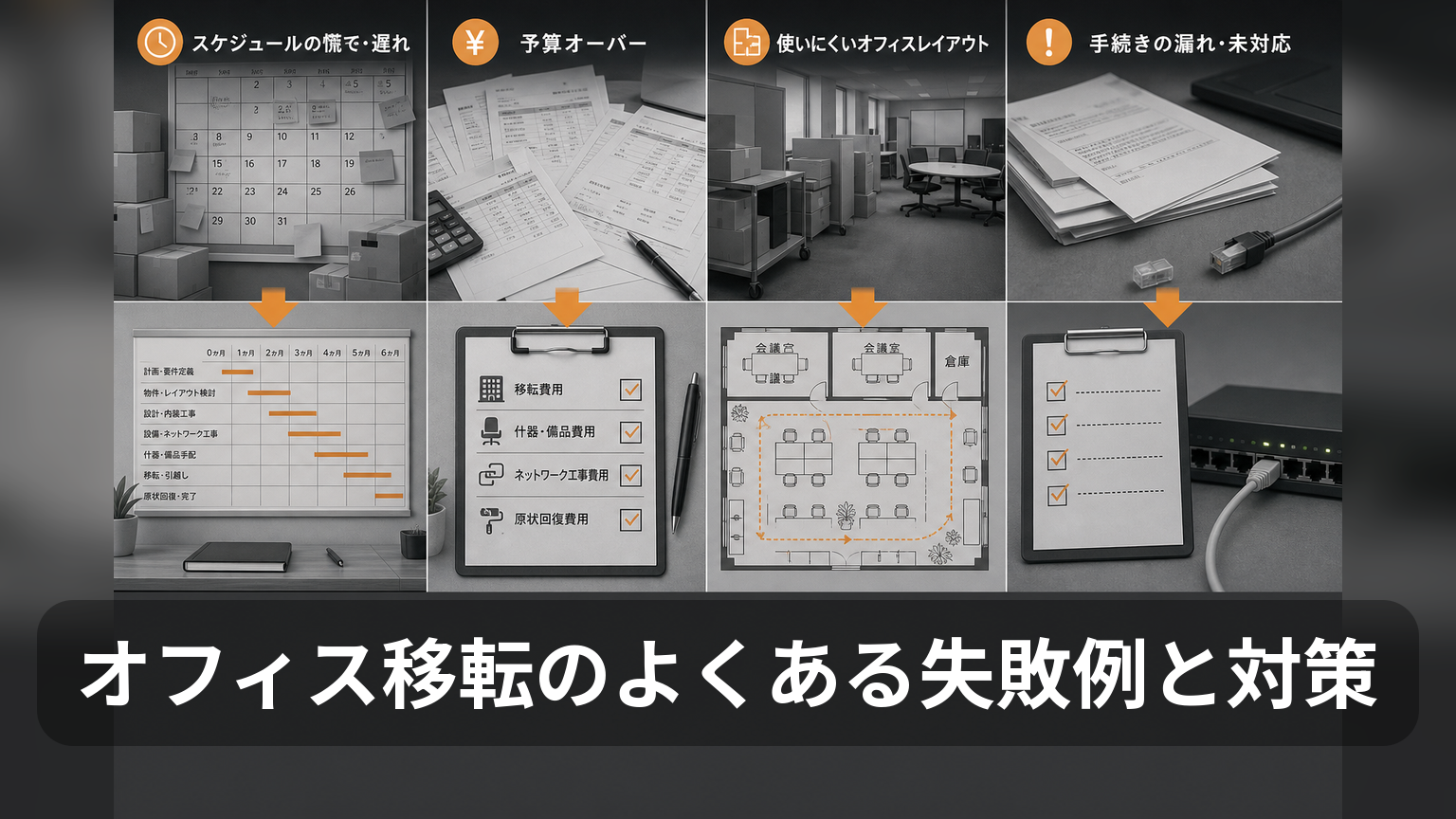 オフィス移転の4つの失敗例と、それぞれの対策を示した比較図