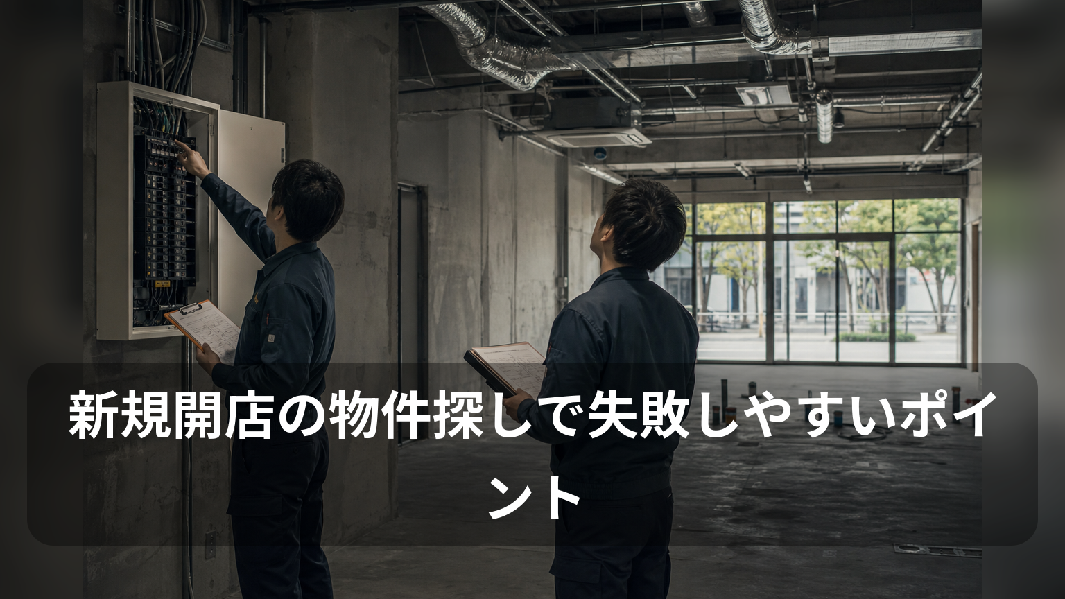 店舗物件の現地調査で設備や図面を確認する担当者